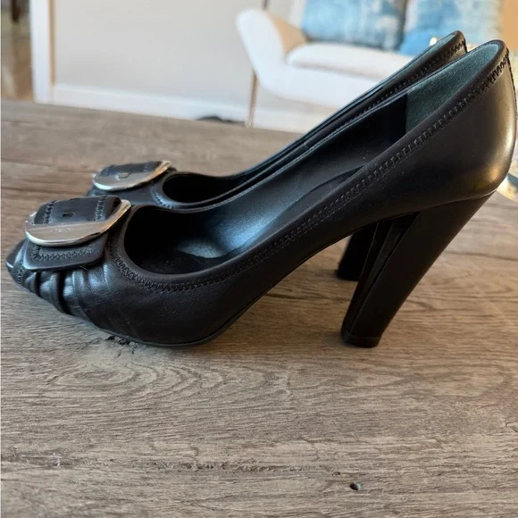Prada Black Leather Buckle Heels Peep Toe Rare Vintage / EU 41 - Picture 9 of 14